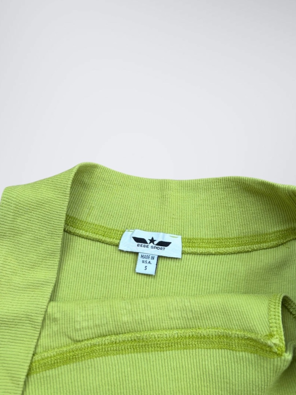 VINTAGE Y2K Bebe Sport Lime Green Rhinestone Spellout Boat Neck Top - Picture 6 of 7